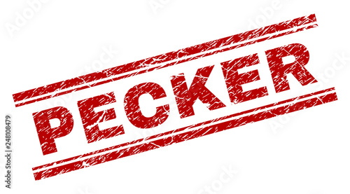 PECKER seal print with distress texture. Red vector rubber print of PECKER text with corroded texture. Text title is placed between double parallel lines.