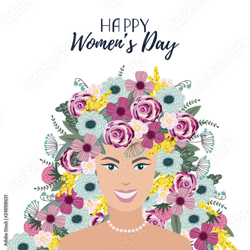 Vector illustration with cute woman and doodle flat flowers on a white background