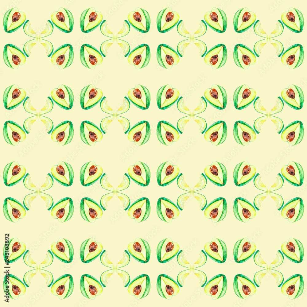Watercolor illustration avocado whole and slice isolated on yellow background. Hand painting on paper.Seamless pattern
