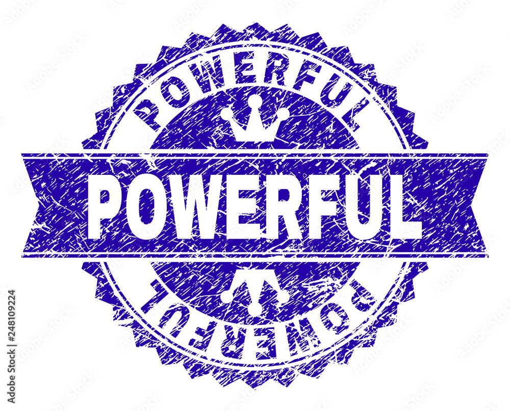 POWERFUL rosette seal imprint with grunge style. Designed with round rosette, ribbon and small crowns. Blue vector rubber watermark of POWERFUL text with grunge style. POWERFUL rosette seal imprint with grunge style. Designed with round rosette, ribbon and small crowns. Blue vector rubber watermark of POWERFUL text with grunge style.
