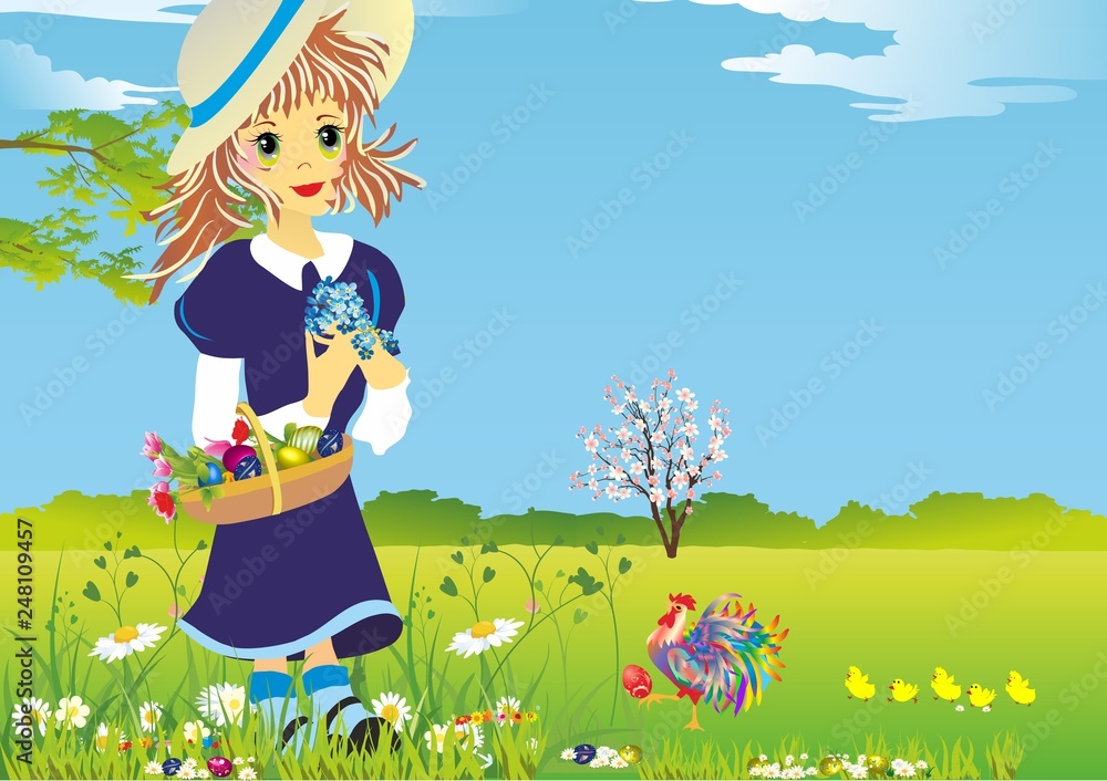 composition with a girl who he is holding a basket with Easter eggs composition with a girl who he is holding a basket with Easter eggs
