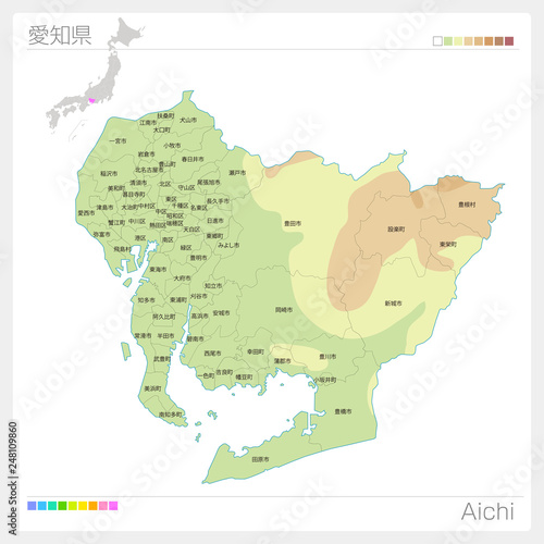 愛知県の地図（等高線・色分け・市町村・区分け）