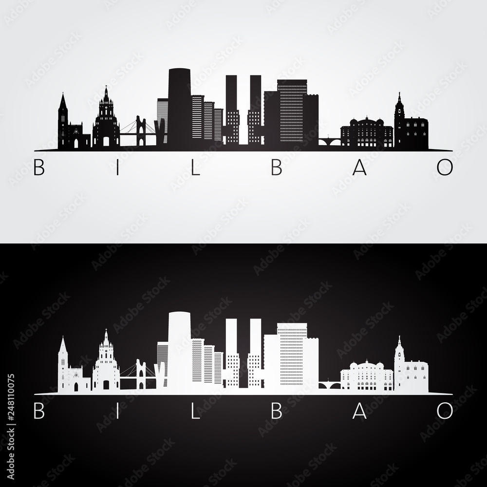 Bilbao skyline and landmarks silhouette, black and white design, vector illustration.