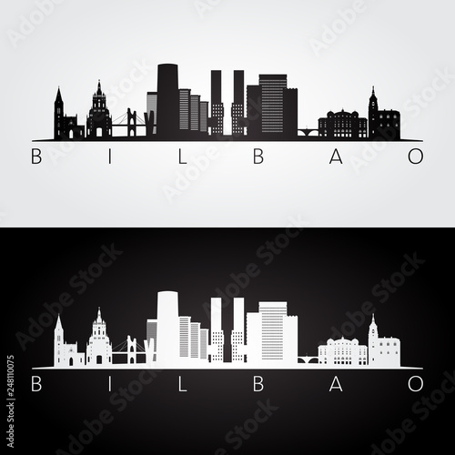 Bilbao skyline and landmarks silhouette, black and white design, vector illustration.