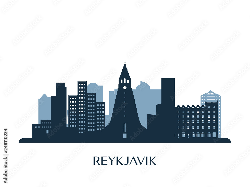 Reykjavík skyline, monochrome silhouette. Vector illustration.