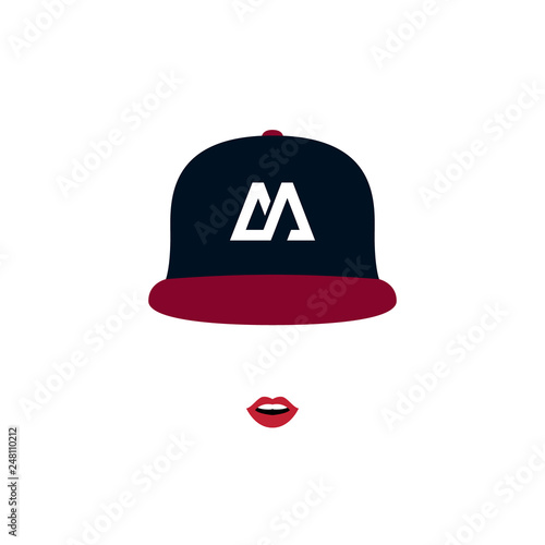 Stylish girl with red lips in baseball cap. Women icon. Vector illustration.