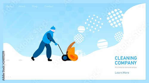 Janitor removing snow with machine for cleaning company