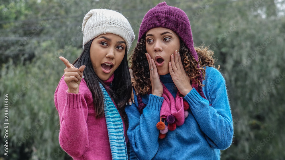 Surprised Teen Girl Friends In Winter