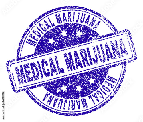 MEDICAL MARIJUANA stamp seal imprint with grunge texture. Designed with rounded rectangles and circles. Blue vector rubber print of MEDICAL MARIJUANA title with scratched texture.