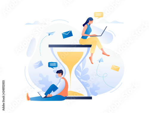 People sitting with laptop near the hourglass. Time management and procrastination. Deadline. Business Flat concept vector illustration for web banner, website, presentation.