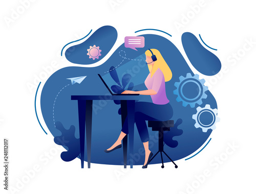 Online assistant - customer and operator, online technical support 24-7 for web page. Female hotline operator advises client, virtual help service. Flat concept vector illustration 