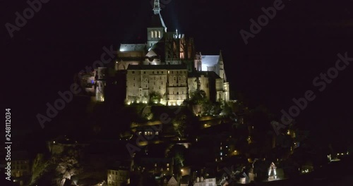 Mont Saint-Michel France Aerial v10 Birdseye nighttime view of Mont Saint-Michel detail to vertical finish 8/18 photo