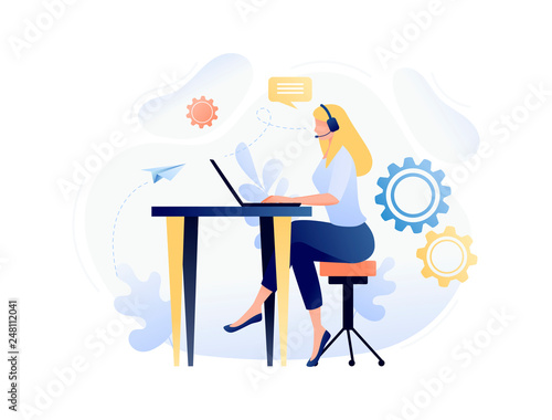 Online assistant - customer and operator, online technical support 24-7 for web page. Female hotline operator advises client, virtual help service. Flat concept vector illustration