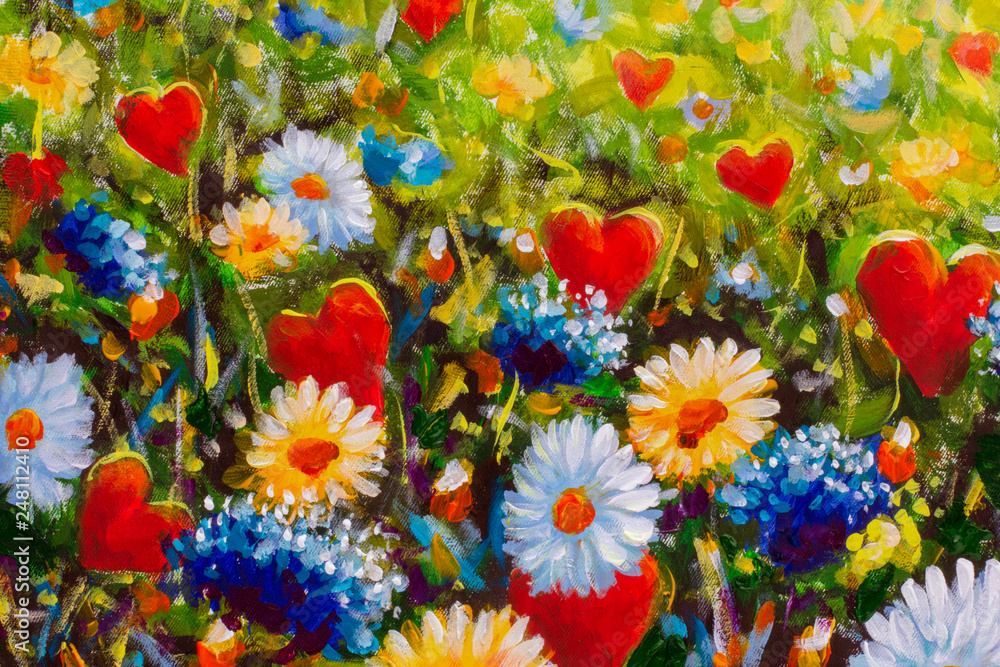Obraz Flower White yellow blue wildflowers daisies and red hearts of lovers - romantic landscape oil hand made painting, Love concept. Background for Postcard beloved for wedding and Valentine Day lovers.