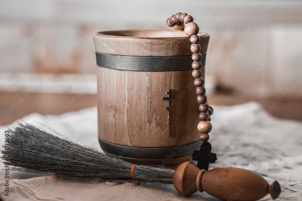 wooden bowl for Holy water, rosary and sprinkling device wooden bowl for Holy water, rosary and sprinkling device