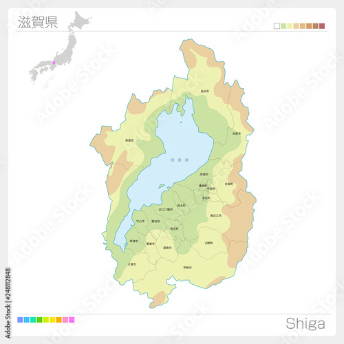 滋賀県の地図（等高線・色分け・市町村・区分け）