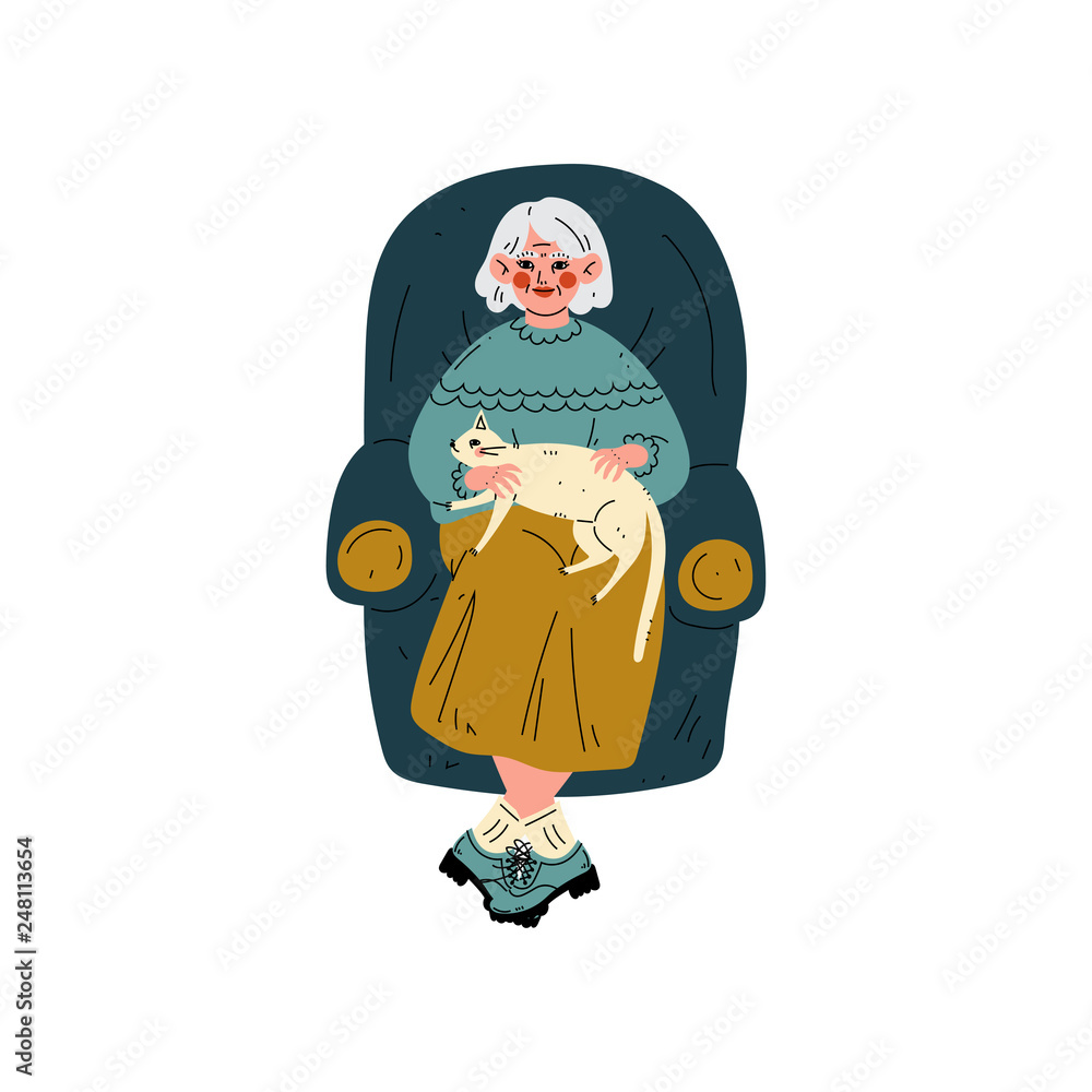 Senior Woman Sitting in Armchair with Her Cat, Old Lady and Her Animal Pet, Elderly  Woman Daily Activity Vector Illustration Stock Vector | Adobe Stock