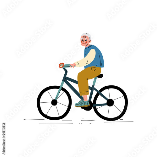 Senior Man Riding Bike,Healthy Lifestyle, Elderly Man Daily Activity Vector Illustration