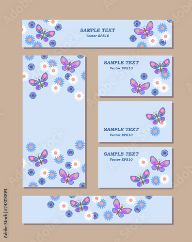 Flower patterns of different sizes with butterflies, daisies and cornflowers. For romantic and easter design, announcements, greeting cards, posters, advertisement. Made in the same style