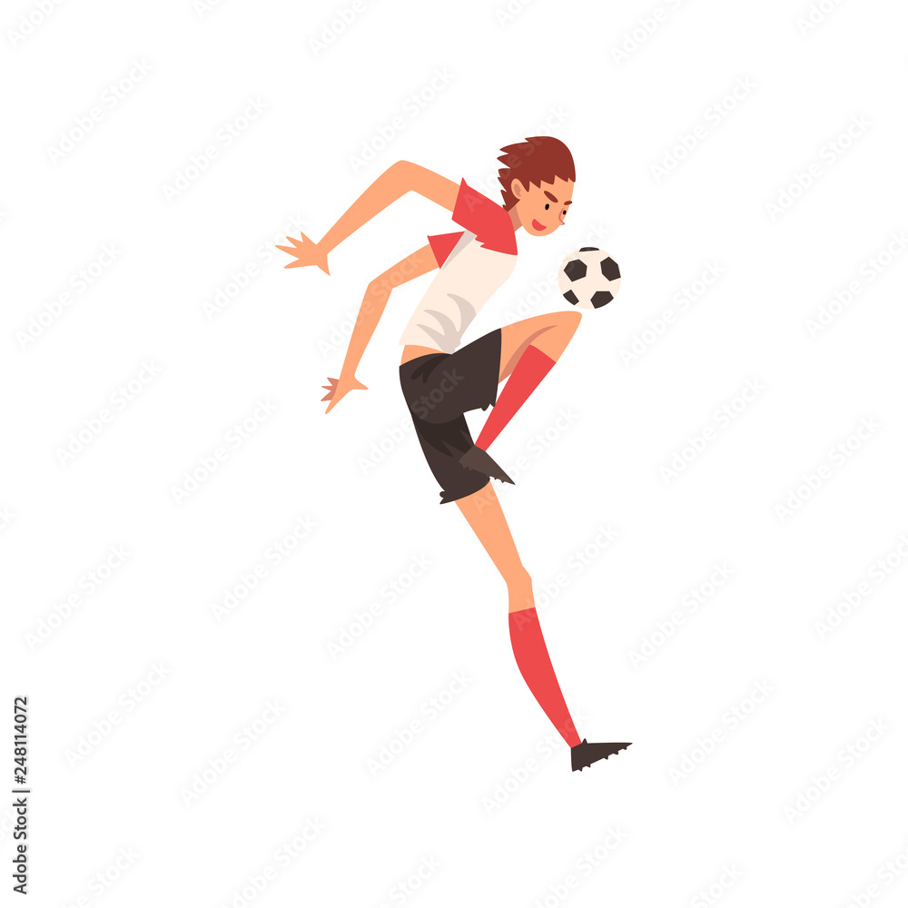 Fototapeta premium Professional Soccer Player Kicking Ball, Football Player Character in Uniform Vector Illustration