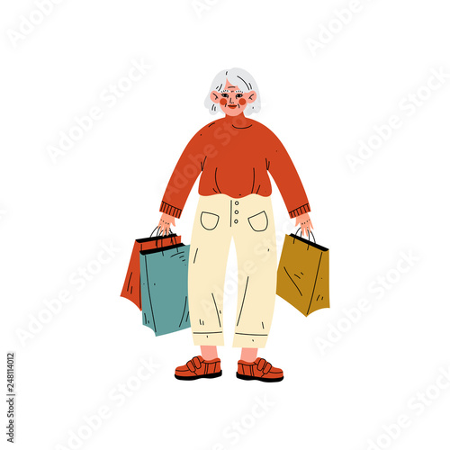 Senior Woman Standing with Shopping Bags, Old Lady Daily Activity Vector Illustration