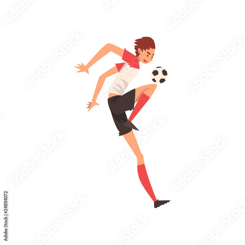 Professional Soccer Player Kicking Ball, Football Player Character in Uniform Vector Illustration © topvectors