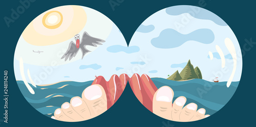 rest on vacation. tourist legs on an inflatable mattress against the backdrop of the sea landscape in the summer, the view from the binoculars