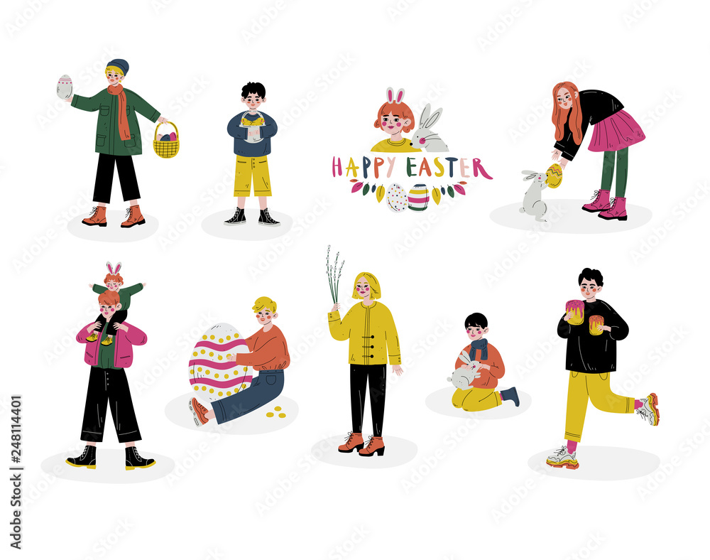Fototapeta premium Happy Easter, Children Celebrating Holiday, Boys and Girls Holding Easter Symbols Set Vector Illustration