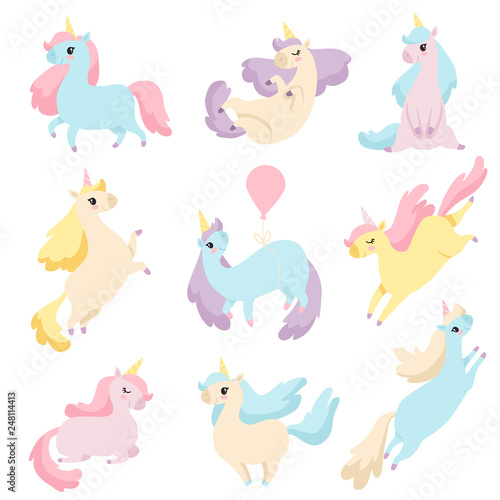 Collection of Lovely Unicorns, Cute Magic Fantasy Animals Vector Illustration