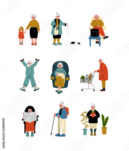 Senior People Daily Activity Set, Elderly Men and Women Reading, Traveling, Shopping, Doing Sports, Caring Plants Vector Illustration