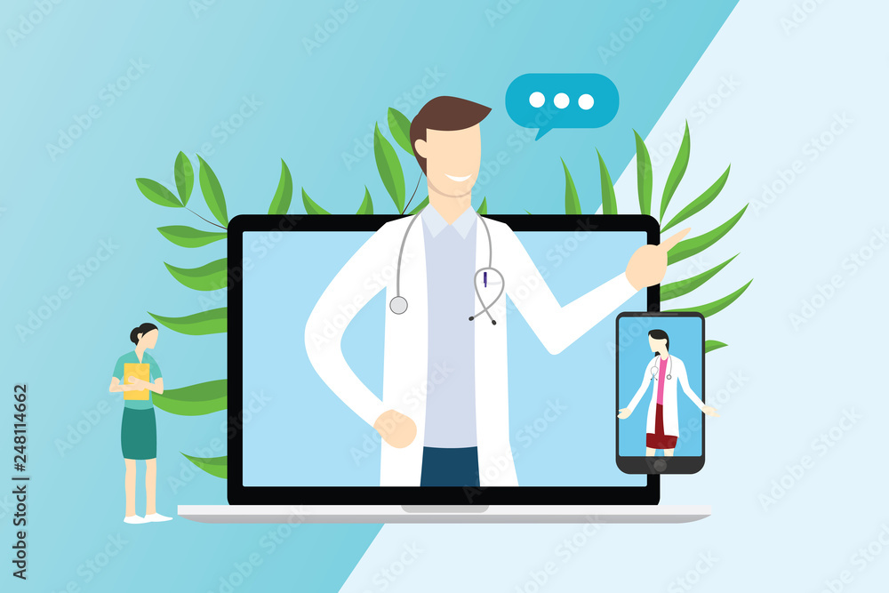 online doctor service technology for consultations with laptop and smartphone apps - vector online doctor service technology for consultations with laptop and smartphone apps - vector