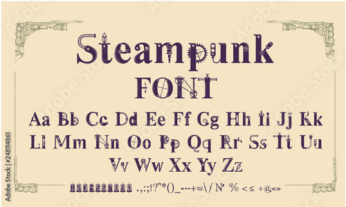 steampunk font, letters from mechanics, Alphabet font from gears and mechanical parts photo