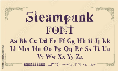 steampunk font, letters from mechanics, Alphabet font from gears and mechanical parts