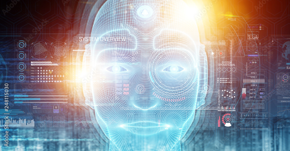 Robotic man cyborg face representing artificial intelligence 3D rendering Robotic man cyborg face representing artificial intelligence 3D rendering