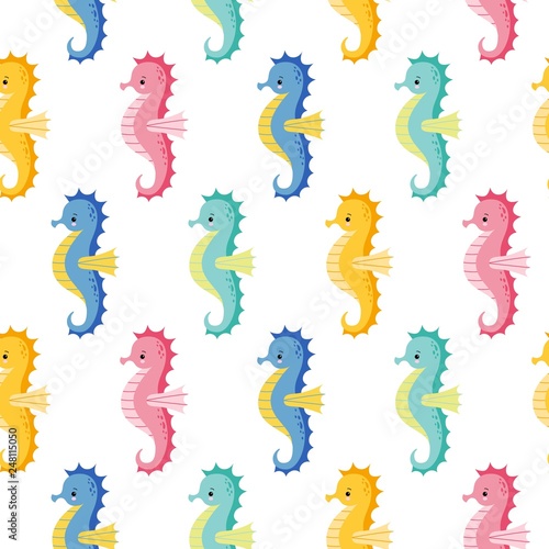 Vector seamless pattern with cute colorful sea horse on white background.
