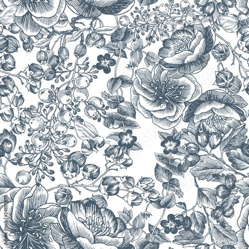 Wild flowers blossom branch seamless pattern. Vintage botanical hand drawn illustration. Vector design. Can use for greeting cards, wedding invitations, patterns for eco product, cosmetics.