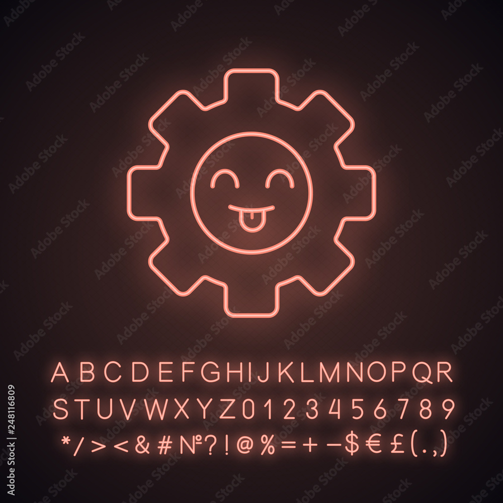 Smiling cogwheel neon light icon