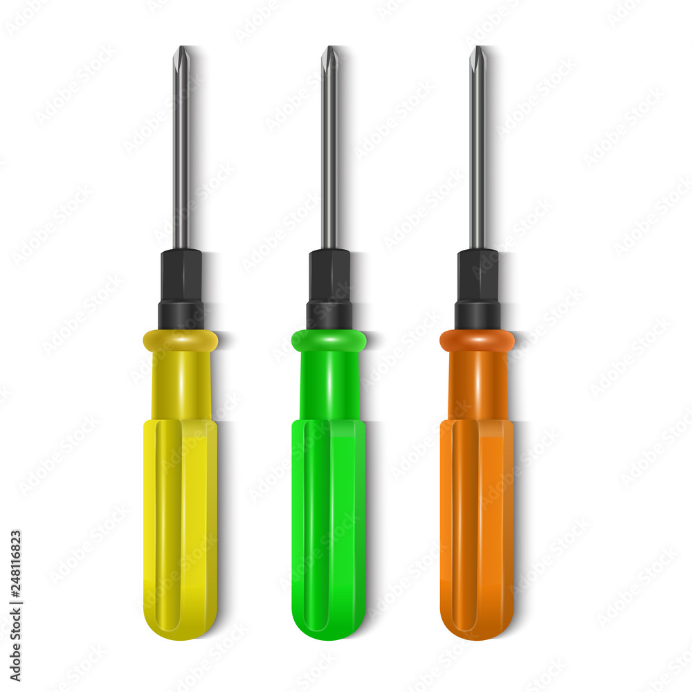 Tool kit, screwdrivers of bright colors on white background, vector illustration Tool kit, screwdrivers of bright colors on white background, vector illustration