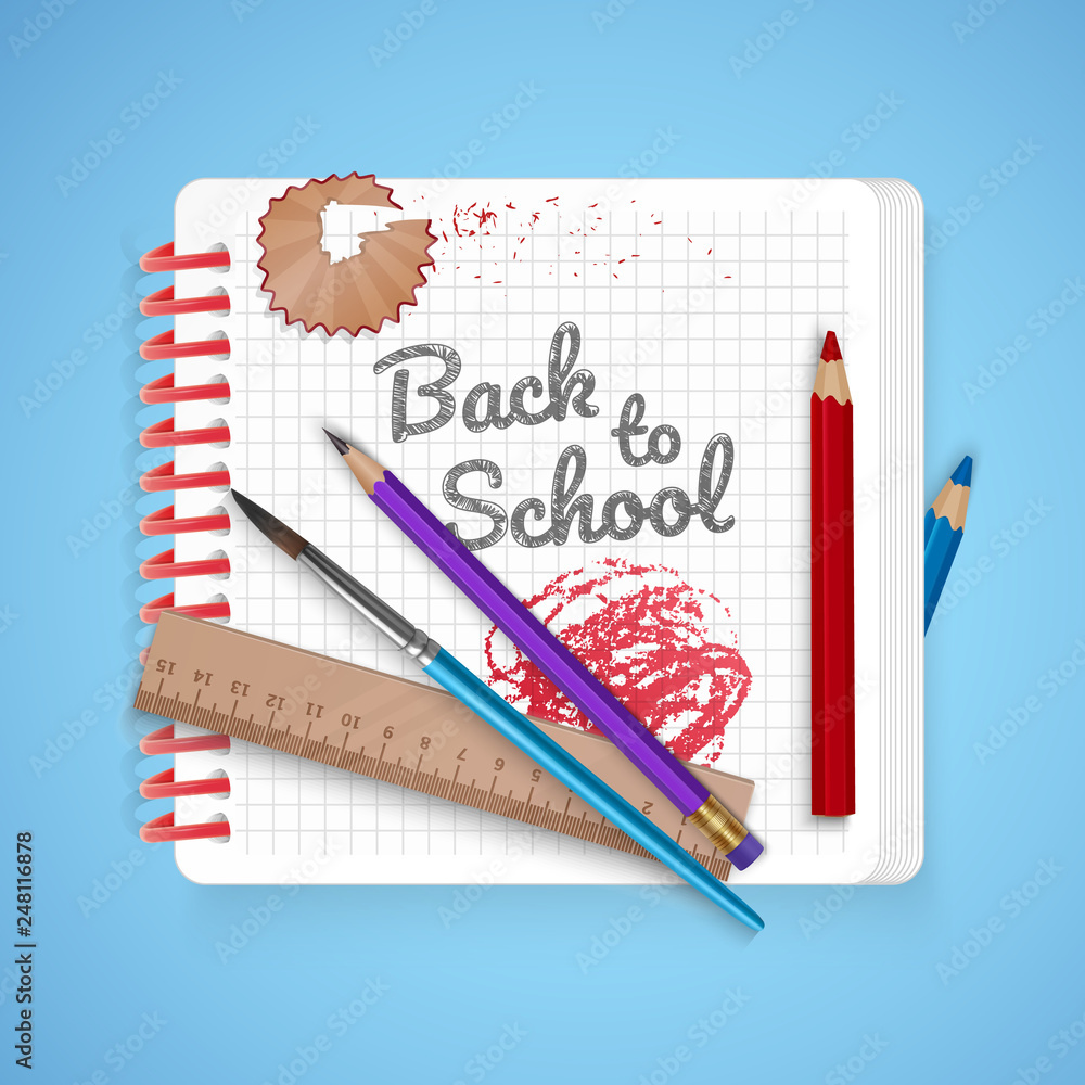 Notebook sheet and school supplies on colorful bright background, stationery postcard back to school. Vector illustration Notebook sheet and school supplies on colorful bright background, stationery postcard back to school. Vector illustration