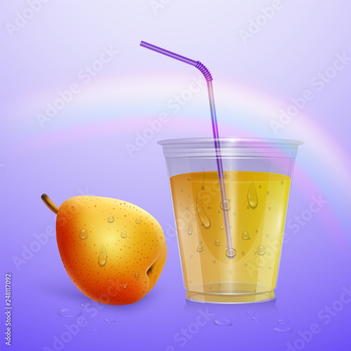 Juice mockup, smoothie cup isolated on purple background, 3d illustration. Realistic plastic Cup with pear juice, vector illustration