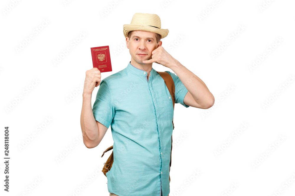 The man with the Russian international passport in summer clothes. The gesture - a request to call