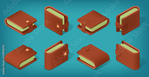 Set of isometric wallets from different angles. Brown leater pouch filled with money. Purse case for coins. banknotes, credit cards. 3D Isometric objects on a blue background. Eps10 vector