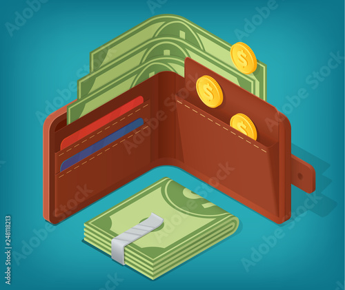 Opened isometric wallet filled with money, coins, credit cards. Pouch and banknotes clip illustration concept. Vector design for business and infographics. Eps10 vector