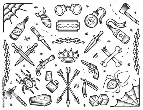 Old school tattoos set. Black icons: knifes, bones, bombs, pistols. Hand drawn dotwork isolated illustration. Eps10 vector photo