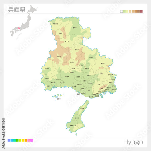 兵庫県の地図（等高線・色分け・市町村・区分け）