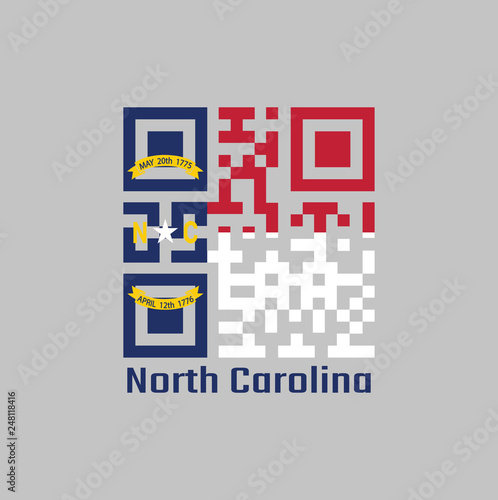 QR code set the color of North Carolina flag. A blue union, a white star with N and C, the circle containing the same to be one-third the width of the union