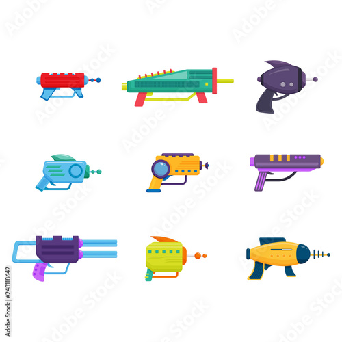 Collection of Space Laser Ray Guns, Colorful Toy Blasters Vector Illustration