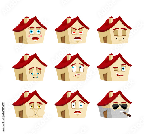 House set emotion. sleeping and evil emotion avatar. bewildered and sad Home emoji. Building fear and happy icon. serious and winks