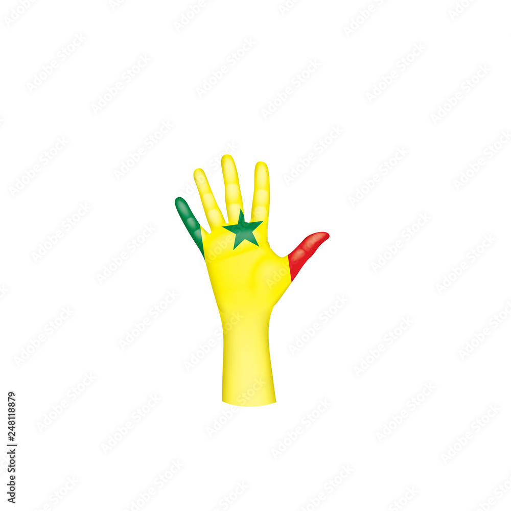 Obraz premium Senegal flag and hand on white background. Vector illustration