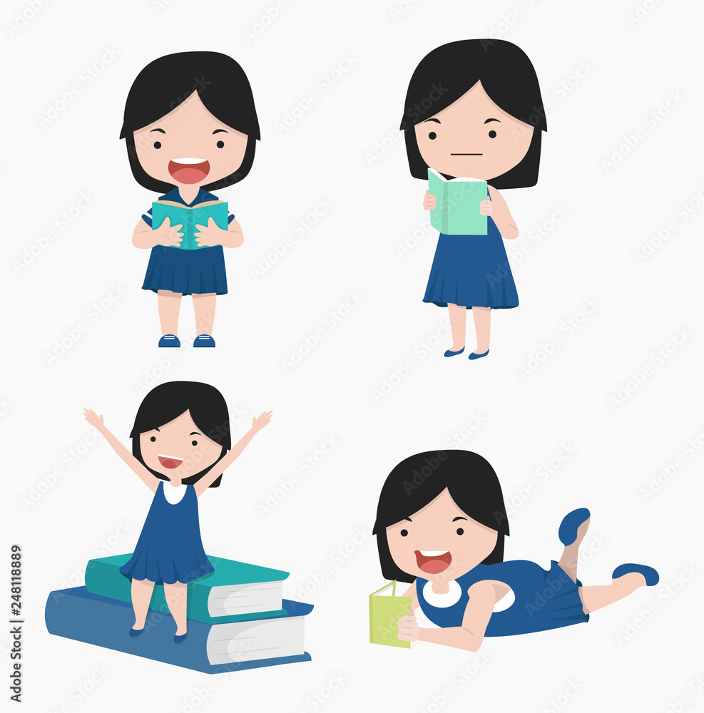 Kid Girl Reading A Book vector set